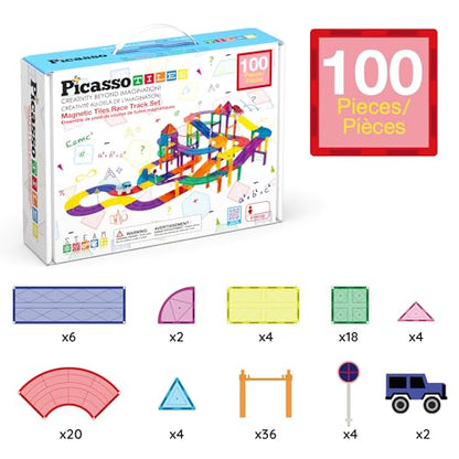 PicassoTiles 100 Piece Race Track Set, Magnetic STEM Toy, LED Cars, Ages 3+
