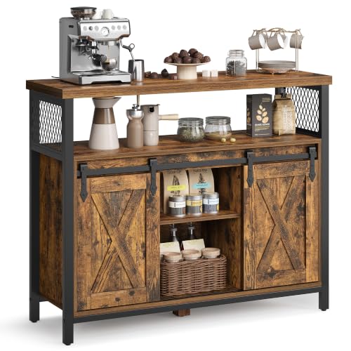 VASAGLE Buffet Cabinet, Coffee Bar Storage Cupboard, Sideboard with 2 Sliding Barn Doors, Adjustable Shelves, 33 x 100 x 80 cm, for Living Room, Rustic Brown and Ink Black ULSC092B01