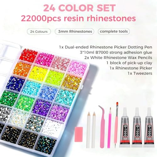 24 Colours Bedazzling Kit with Glue, 22000Pcs 3mm Resin Flatback Rhinestone, Bedazzle Kit Comes with a Full Set of Tools, Bedazzling Gems for Nail Art Crafting Book Makeup Clothing Shoes Diamond Art
