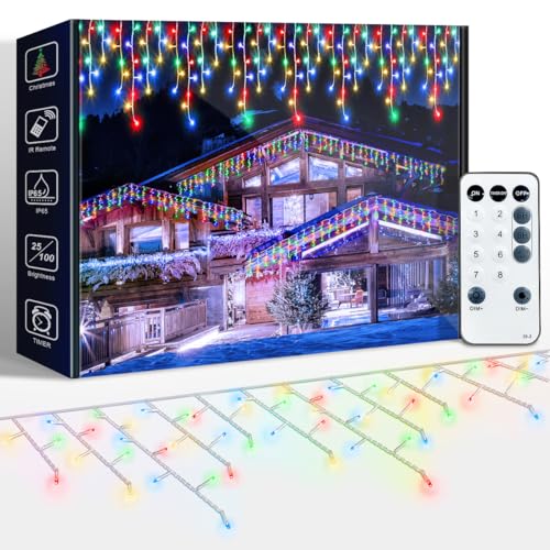 DREAMLAND 50FT Christmas Icicle Lights, Outdoor String Lights with 320LED, IP65 Waterproof Hanging Fairy Lights for Christmas Eaves Garden Room Decoration Multicolor