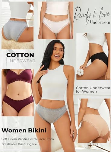 READY TO LOVE Underwear Womens Breathable Cotton Cheeky Bikini Panties Lace Lingerie for Women 6 Pack