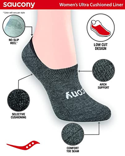 Saucony Women's No Show Cushioned Invisible Liner Socks (8 & 16 Pairs), Black/Charcoal (8 Pairs), Medium