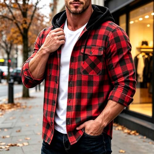 Mens Plaid Button Down Hooded Shirt Jacket Casual Long Sleeve Checkered Top | Lightweight Jackets with Chest Pockets Flannel Hoodie Shirts Loose Fit Preppy School Streetwear Check Buttons Fall Clothes