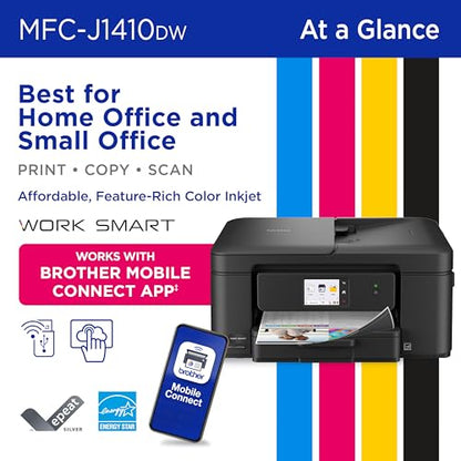 Brother Work Smart 1410 Wireless Color Inkjet All-in-One Printer with 2.7” Color Touchscreen and Automatic Duplex Printing | Includes Refresh Subscription Trial(1) (MFC-J1410DW)