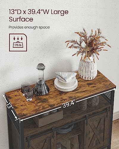 VASAGLE Buffet Cabinet, Coffee Bar Storage Cupboard, Sideboard with 2 Sliding Barn Doors, Adjustable Shelves, 33 x 100 x 80 cm, for Living Room, Rustic Brown and Ink Black ULSC092B01