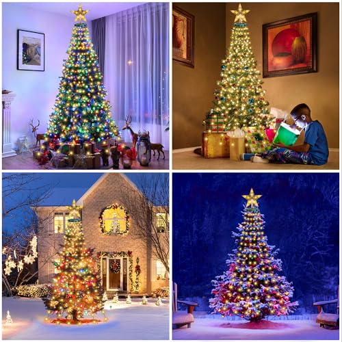 Christmas Tree Lights with Star Topper, 400LED Christmas String Lights with Ring for Tree, 6.6FT x 16 Drop Fairy Lights with 8 Modes Timer Remote for Indoor Outdoor Xmas Tree Decor, Warm White