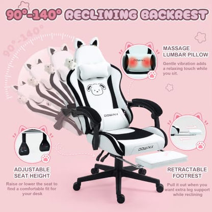 Dowinx Cat Ear Gaming Chair for Adults, Ergonomic Computer Chair with Massage Lumbar Support, Reclining Gamer Chair with Footrest and Headrest, 290 lbs