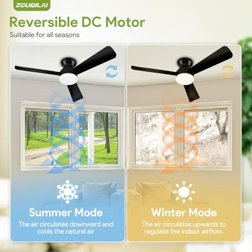 ZOUQILAI 42" Black Ceiling Fans with Lights and Remote, Low Profile Ceiling Fan with Light, Reversible DC Motors, 3CCT Dimmable Timer Noiseless, Flush Mount Ceiling Fan for Bedroom/Living Room