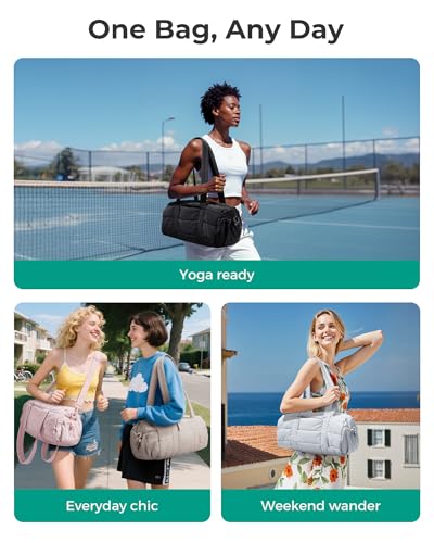 BAGSMART Gym Bag for Women, Yoga Mat Crossbody Bag with Wet & Dry Pocket, 15L Quilted Gym Shoulder Carryall for Weekend, Sand Brown