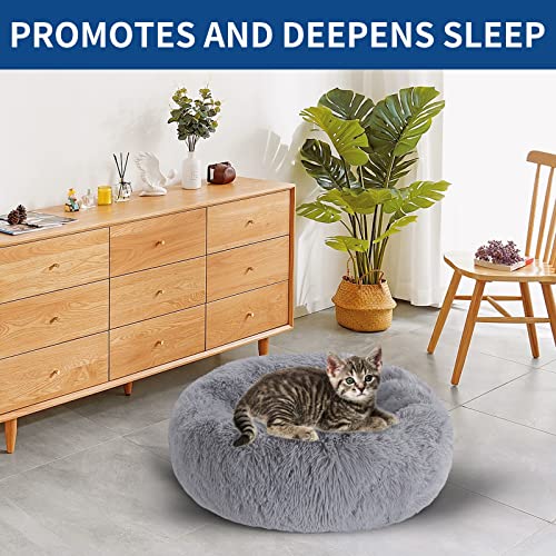 BVAGSS Small Dog Bed Cat Bed Calming Plush Pet Bed Soft Washable Anti Anxiety Round Donut Cuddler Fluffy Puppy Bed for Puppy & Kitten JA037 (20 inch, Light Grey)