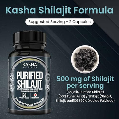Kasha Purified Shilajit Capsules - 500mg/Serving - 50% Fulvic Acid - 120 Ct | Provide Antioxidants & Alleviate Painful Urination - Pure Himalayan, Made in Canada
