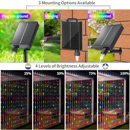 QLIRJAD Solar Curtain Lights Outdoor Waterproof 300LED Waterfall Light with 8 Modes Remote USB Rechargeable Dimmable Timer Twinkle Fairy String Lights for Outdoor Christmas Gazebo Wedding Window