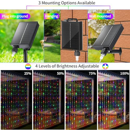 QLIRJAD Solar Curtain Lights Outdoor Waterproof 300LED Waterfall Light with 8 Modes Remote USB Rechargeable Dimmable Timer Twinkle Fairy String Lights for Outdoor Christmas Gazebo Wedding Window