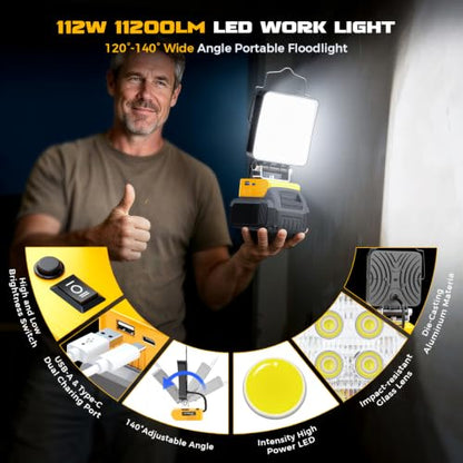 LIVOWALNY Cordless LED Work Light Compatible with Dewalt 20v Battery, 112W 11200LM Flashlight, Portable LED Flood Battery Light with USB A & USB C Charging Output Port for Emergency