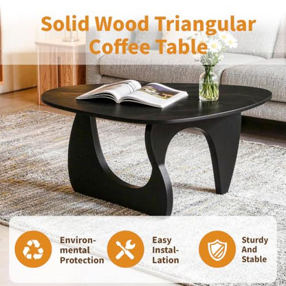 FANCROU Modern Triangle Glass Coffee Table, with and Unique Wooden Base, Mid-Century Small Accent Table for Living Rooms, Offices and Apartments, Black Linen Legs & Black Linen Tabletop, 80CM