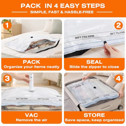 Vacuum Storage Bags for Travel with Rechargeable Pump, 12 Pack, 3 Sizes | Reusable vacuum sealer bags for clothes, luggage, suitcase and closet storage; clear front for easy viewing and opaque back