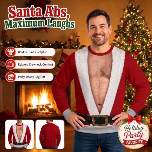 Ugly Christmas Sweatshirt for Men Fake Santa Print Long Sleeve Crew Neck Pullover Tops Funny Holiday Novelty Clothes Men Sweatshirt Large Khaki