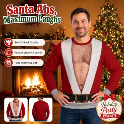 Ugly Christmas Sweatshirt for Men Fake Santa Print Long Sleeve Crew Neck Pullover Tops Funny Holiday Novelty Clothes Men Sweatshirt Large Khaki