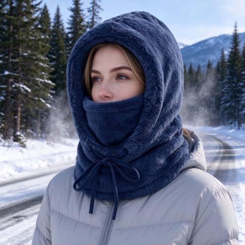 3 in 1 Winter Hooded Hat for Women Fleece Balaclava Face Mask Blue