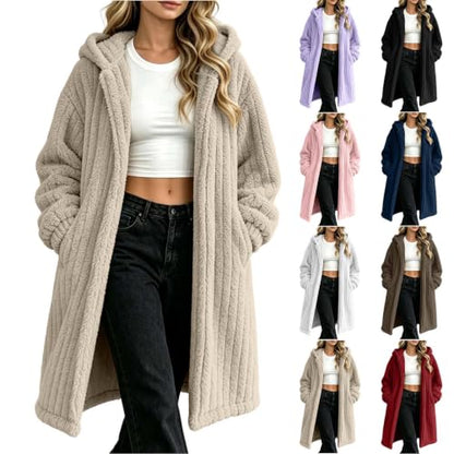 Generic Veste Polaire Femme, Women Warm Open Front Hooded Sherpa Jacket
