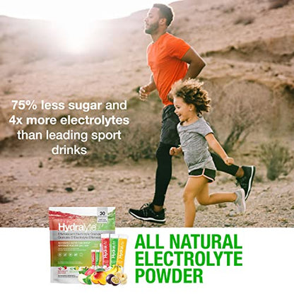 HydraLyte Electrolyte Powder, Low Sugar Electrolyte Packets Designed for Rapid Hydration, Safe Hydration for All Ages - Made with All Natural Ingredients, 30 Servings, Tropical Variety