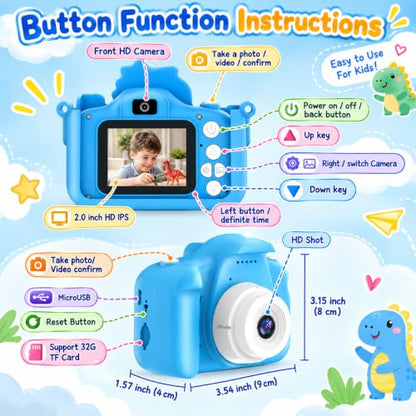 Kids Digital Camera, 1080P HD Video Camera for Toddlers with 32GB SD Card, Dinosaur Protective Case, Card Reader, Fun Selfie Toy Camera for Ages 3-12, Christmas/Birthday Gift for Boys & Girls