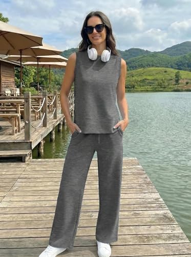 PrinStory 2 Piece Set for Women Summer vacation Airport Outfits Lounge Sets Sleeveless Top Wide Leg Pants S-2XL