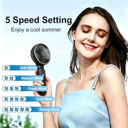 Hand Held Fan, Handheld Fan USB Rechargeable Fans with 5 Speeds 4000mah, Portable Mini Powerful Personal Fan Foldable Fans for Outdoor Office Travel Camping School Home (Black)
