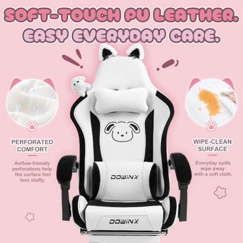 Dowinx Cat Ear Gaming Chair for Adults, Ergonomic Computer Chair with Massage Lumbar Support, Reclining Gamer Chair with Footrest and Headrest, 290 lbs