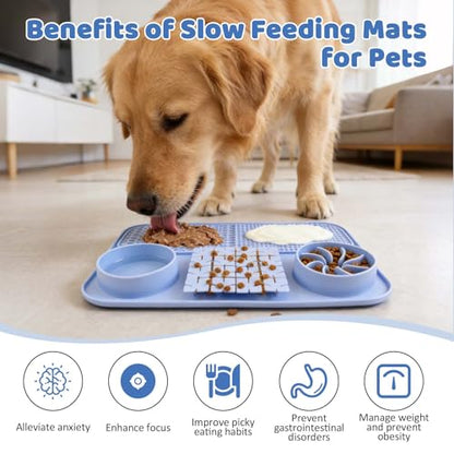 EaTubano Slow Feeder Dog Bowl Cat Food Mat Silicone Lick Mat for Dogs with Snuffle Area, Suction Cup and Multiple Licking Patterns(Blue)