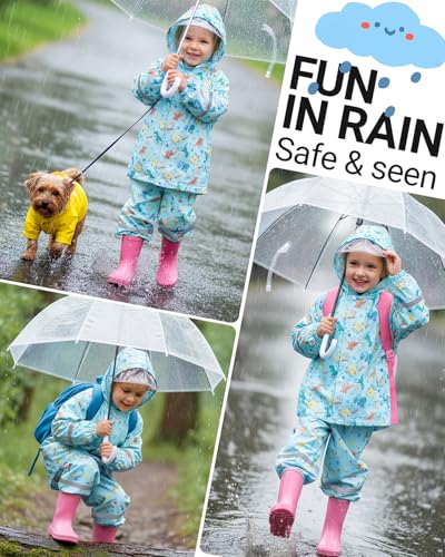 DivingBirds Kids Toddler Rain Suit,Muddy Buddy Waterproof Coverall,2-Piece Raincoat with Portable Storage Bag and Reflective Strip Light Blue for 1-2 Years