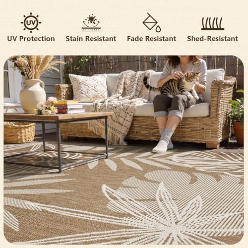 Montvoo-Outdoor Rug-Patio Rug Polypropylene Indoor Outdoor Rugs Carpet-Entryway Rug Porch Door Mats Rugs Small Accent for High Traffic Use Weave Design Quick Dry Easy Clean, Leaves Brown 2x3ft