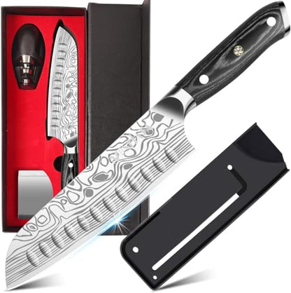 Santoku Knife - MOSFiATA 7" Super Sharp Professional Kitchen Cooking Knife with Finger Guard and Knife Sharpener, German High Carbon Stainless Steel 4116 with Micarta Handle and Gift Box