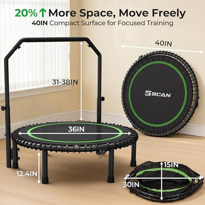 BCAN 450 LBS Foldable Mini Trampoline, 40" Fitness Trampoline with Adjustable Handle Bar, Bungees, Stable & Quiet Exercise Rebounder for Adults Indoor/Garden Workout-Green