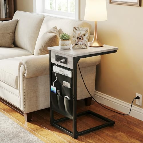 AMHANCIBLE C Shaped Side Table, with Charging Station, TV Tray Set of 2