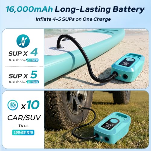 150PSI Paddle Board Electric Pump,Rayspace Rechargeable 16000mAh SUP Pump with LED Light,Portable Air Pump Triple Stage Inflation & Deflation, Auto-Off for Paddle Boards,Tent,Boat,Car,Bike