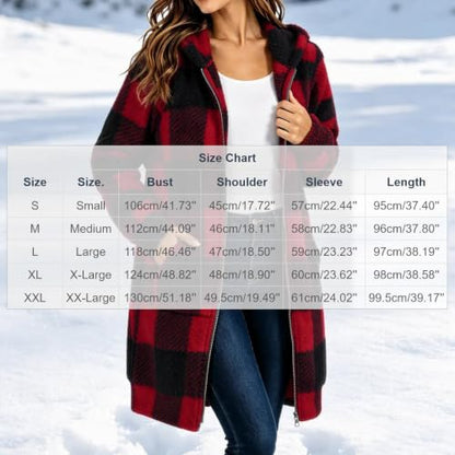 Plaid Sherpa Jacket Women Hooded Zip up Fall Coats Mid Long Outwear