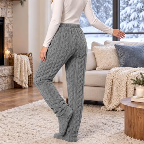 Footed Pj Pants for Women Soft Warm Fuzzy Fleece Pajamas Bottoms Dark Gray