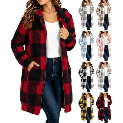 Plaid Sherpa Jacket Women Hooded Zip up Fall Coats Mid Long Outwear