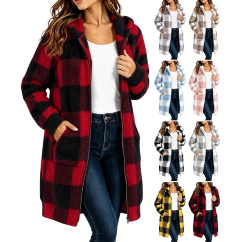 Plaid Sherpa Jacket Women Hooded Zip up Fall Coats Mid Long Outwear