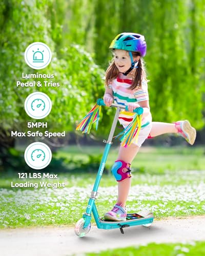 Gyroor Electric Scooter for Kids Ages 6-12, E Scooter with 8km/h Safe Speed, 110LBS Load, Adjustable Handlebar & LED Lights, Gravity Sensing, Ideal for Boys Girls Gift Cyan