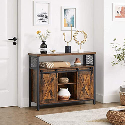 VASAGLE Buffet Cabinet, Coffee Bar Storage Cupboard, Sideboard with 2 Sliding Barn Doors, Adjustable Shelves, 33 x 100 x 80 cm, for Living Room, Rustic Brown and Ink Black ULSC092B01