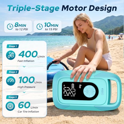 150PSI Paddle Board Electric Pump,Rayspace Rechargeable 16000mAh SUP Pump with LED Light,Portable Air Pump Triple Stage Inflation & Deflation, Auto-Off for Paddle Boards,Tent,Boat,Car,Bike