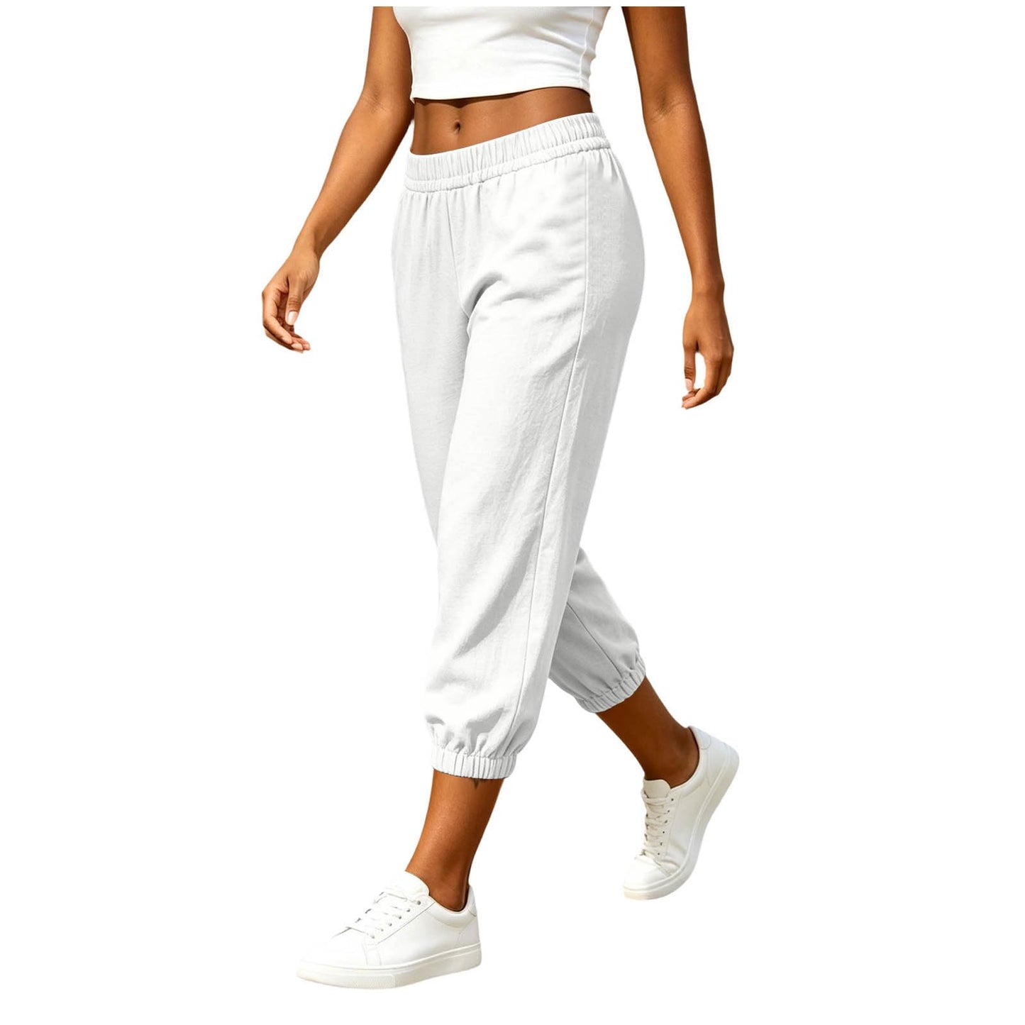 Athletic Joggers for Womens Elastic Waist Linen Capri Pants Ankle Cuffs Sweatpants Baggy Lounge Trousers with Pockets White