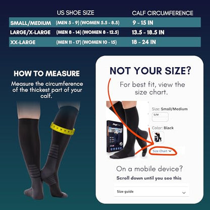 PhysFlex Compression Socks for Women and Men - Best Support for Running, Flying, Pregnancy - Knee High Graduated Compression Stockings (Black/Dark Grey, S/M)