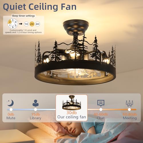 Merexcint Rustic Black Ceiling Fan with Light, Bear and Deer Design