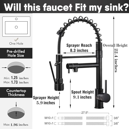 GIFTQOOL Kitchen Faucet with Pull Down Sprayer Dual Pot Filler, Matte Black Stainless Steel Single Handle Kitchen Sink Faucets High Arc Spring Commercial Tap 1 Hole Modern Faucets