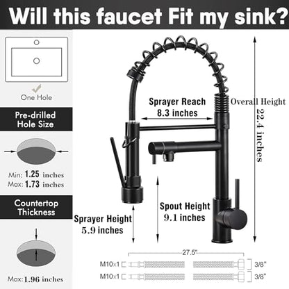 GIFTQOOL Kitchen Faucet with Pull Down Sprayer Dual Pot Filler, Matte Black Stainless Steel Single Handle Kitchen Sink Faucets High Arc Spring Commercial Tap 1 Hole Modern Faucets