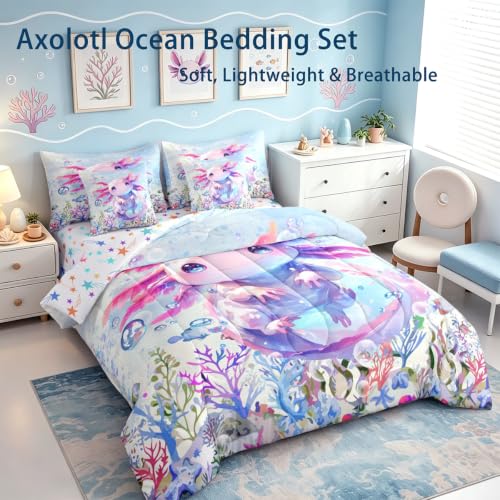 Feelyou Boys Girls Cute Axolotl Comforter Set with Sheets Twin Size, Ocean Sealife 7 Pieces Bedding Sets Kids Kawaii Bed in A Bag Cartoon Salamander Bed Set