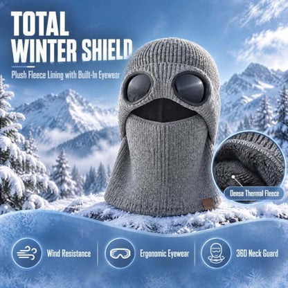 2 in 1 Ribbed Knit Balaclava Beanie with Goggle-Style Eye Panels Gray